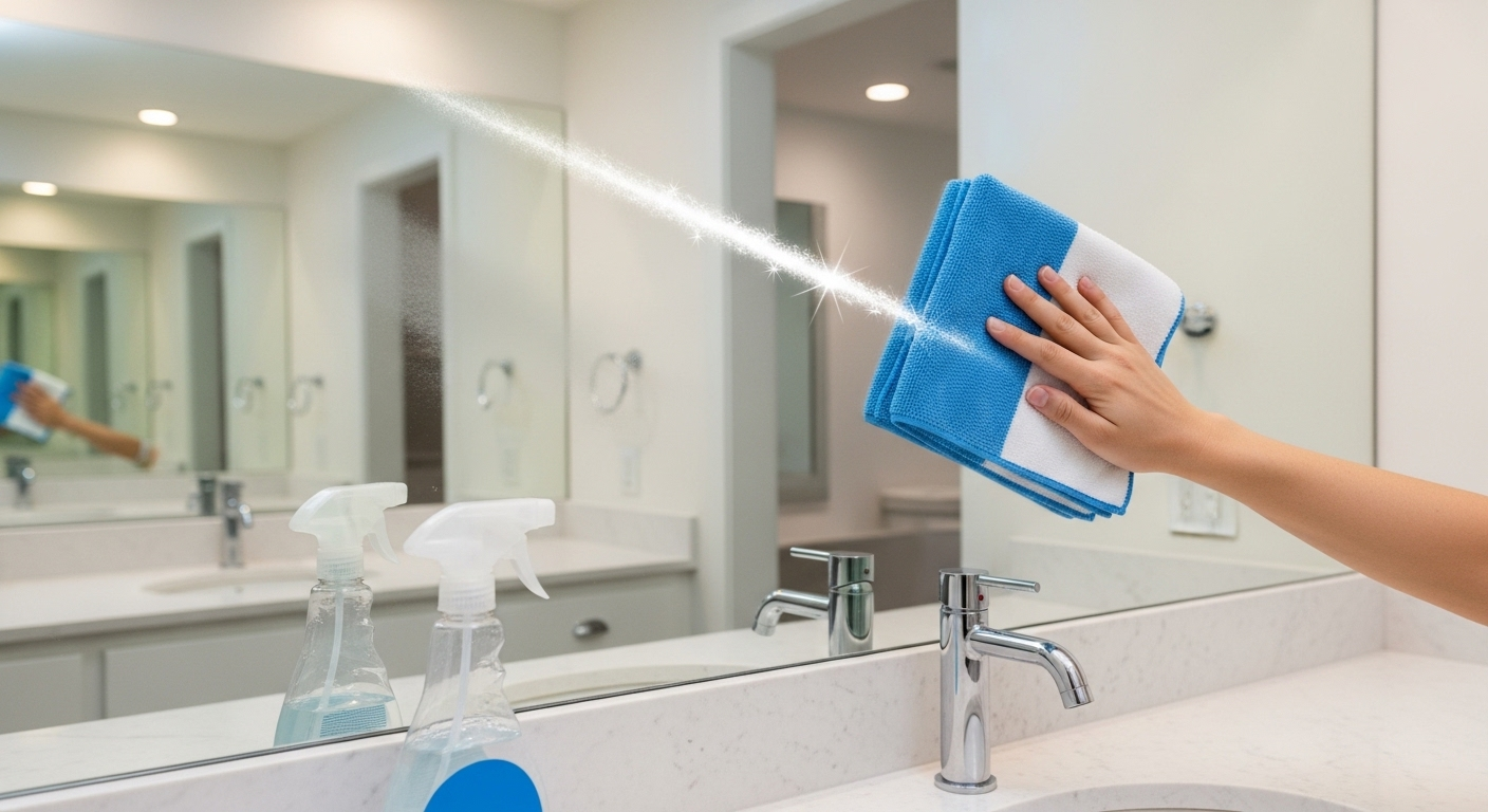 Khăn microfiber đang lau sạch gương nhà tắm, giúp khắc phục gương nhà tắm bị mờ và để lại bề mặt sáng bóng hoàn hảo, bên cạnh là bình xịt vệ sinh gương chuyên dụng.