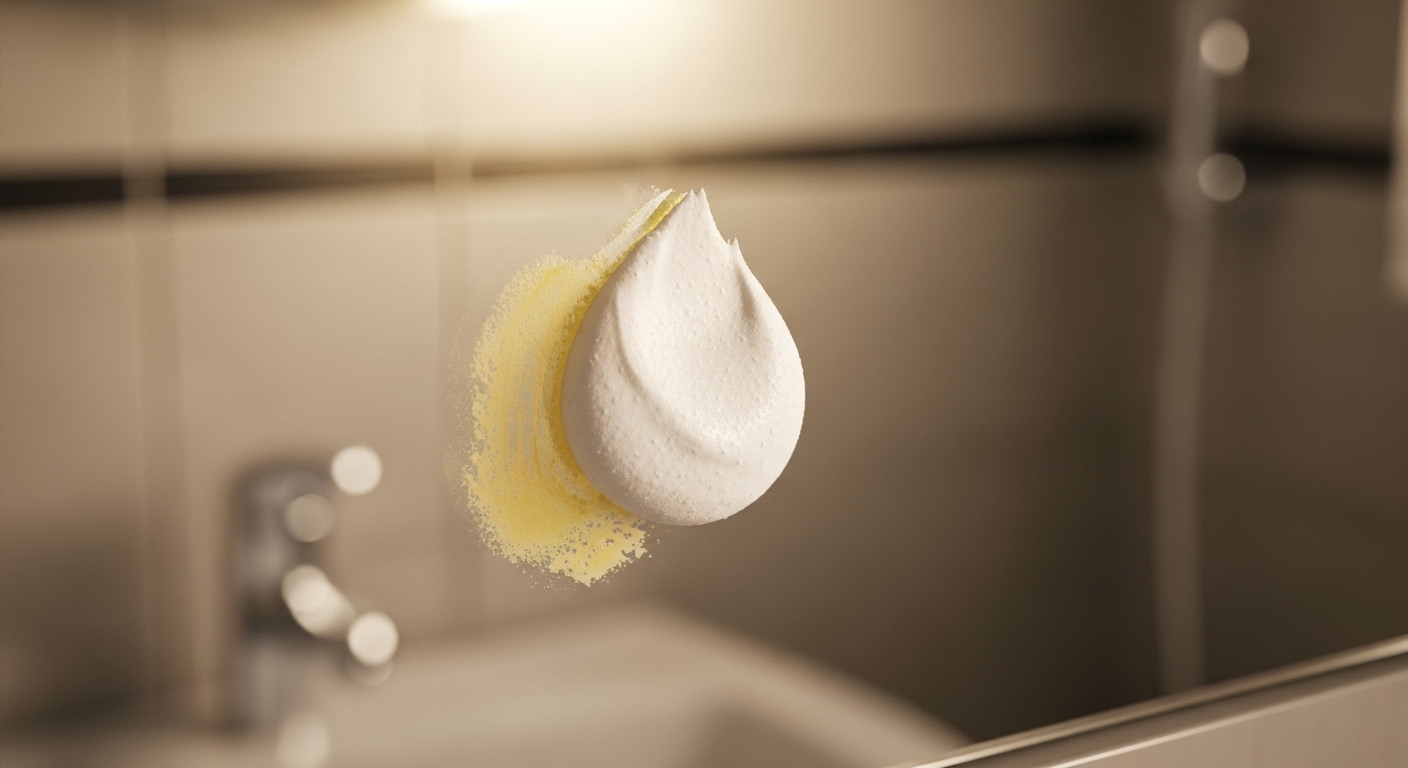 Cận cảnh kem baking soda được thoa lên vết ố vàng trên gương nhà tắm, minh họa mẹo làm sạch gương nhà tắm hiệu quả.