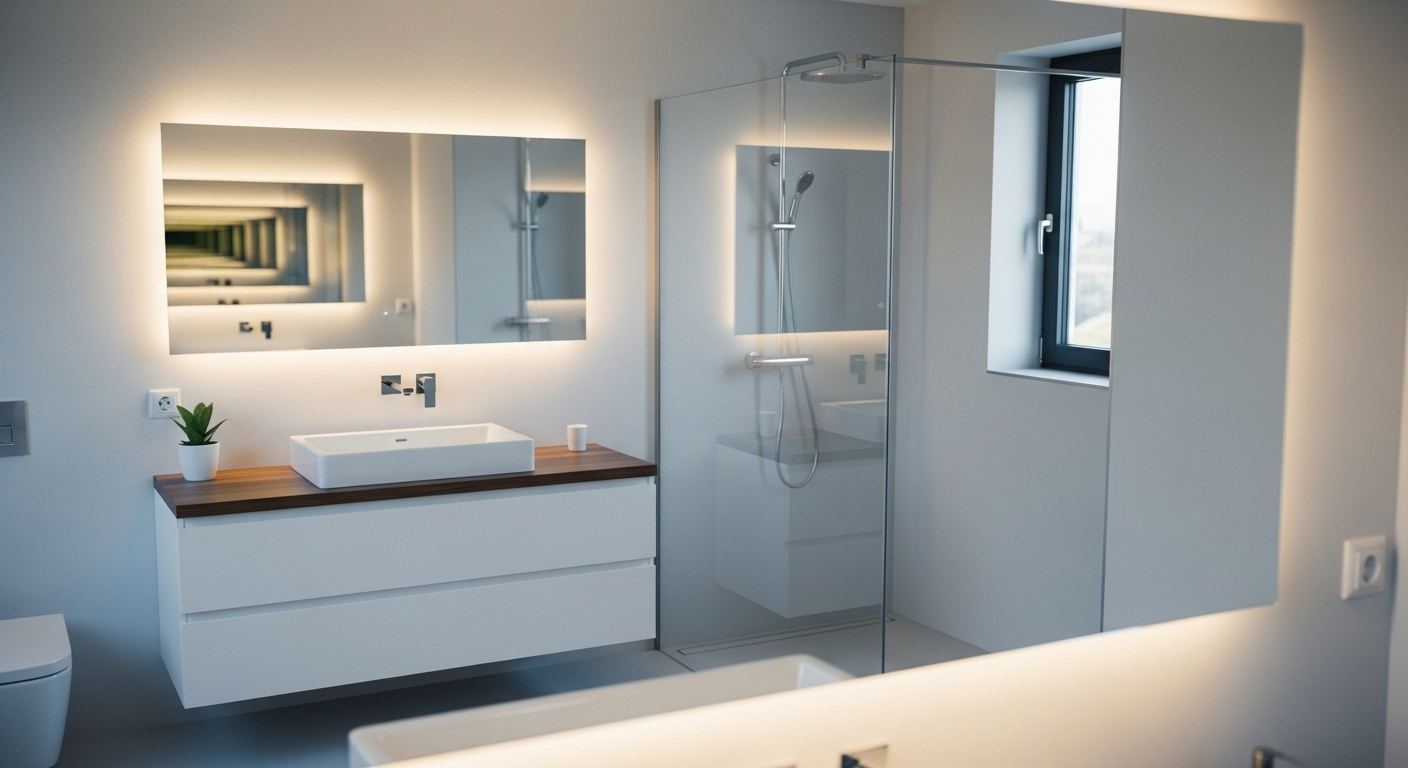 Gương phòng tắm hiện đại, trong veo, không còn lo gương phòng tắm bị mờ. Gương phòng tắm hiện đại, trong veo, không còn lo gương phòng tắm bị mờ.