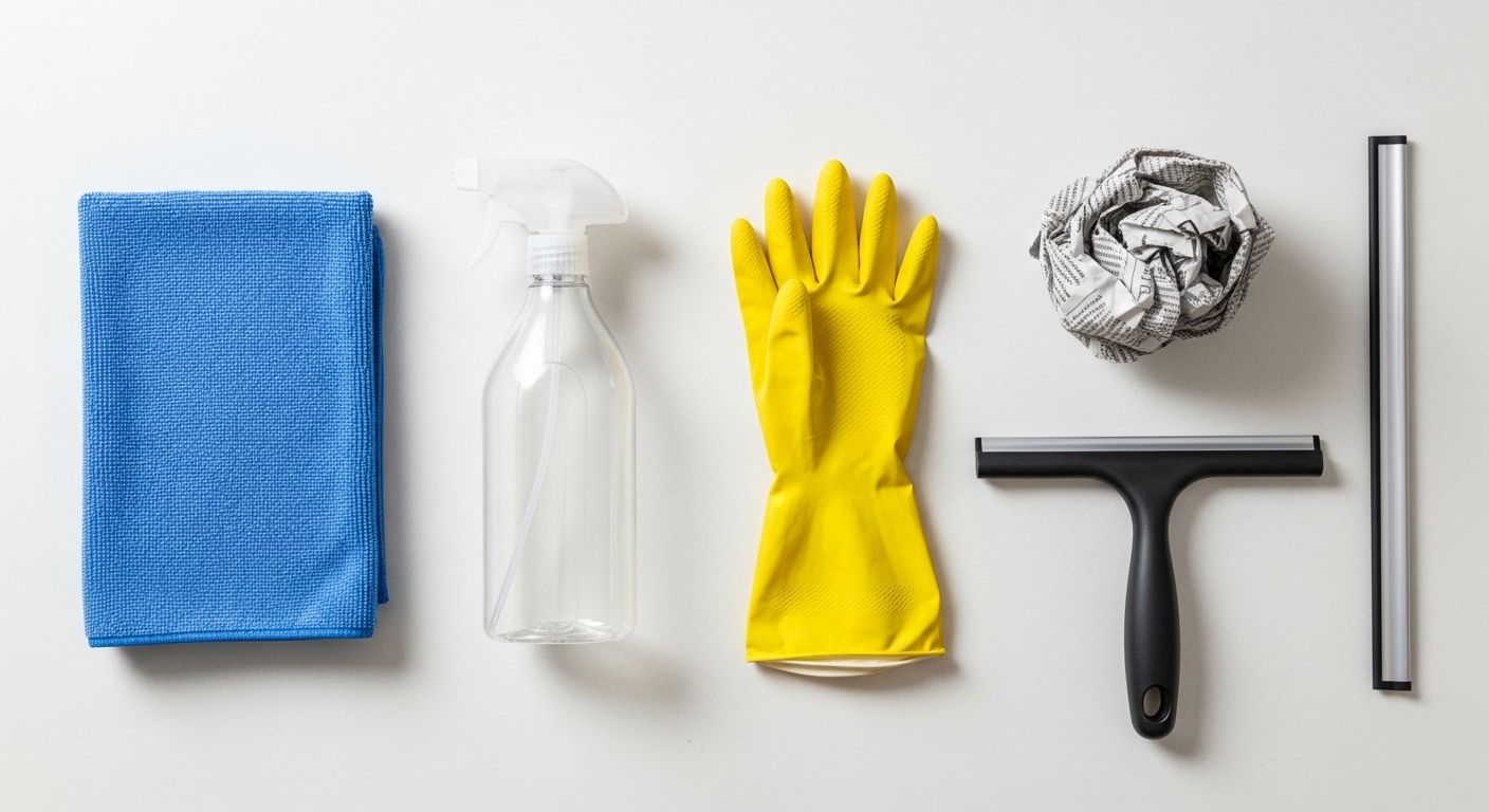 Bộ dụng cụ vệ sinh cửa kính gồm khăn microfiber, bình xịt, cây gạt nước, găng tay và giấy báo, sắp xếp trên mặt bàn trắng. Hoàn hảo để áp dụng cách lau kính sạch không để lại vệt.