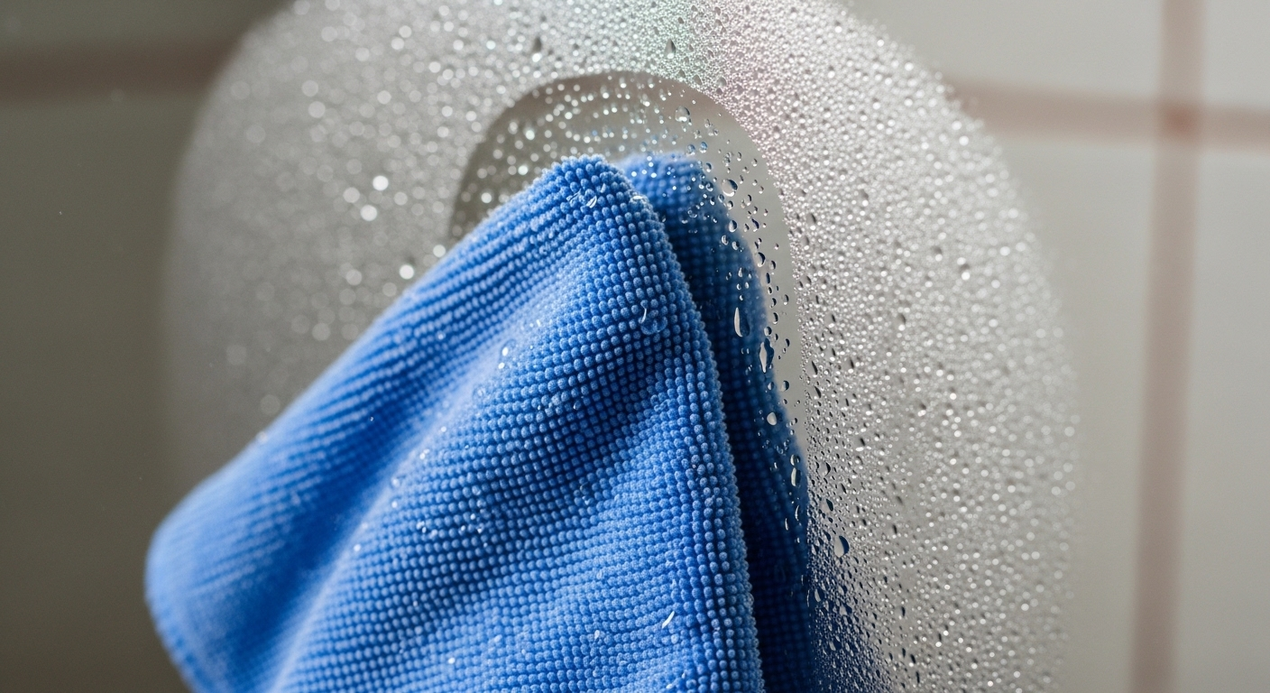 Cận cảnh khăn microfiber xanh đang lau gương nhà tắm đầy hơi nước, tạo vệt trong suốt rõ nét.