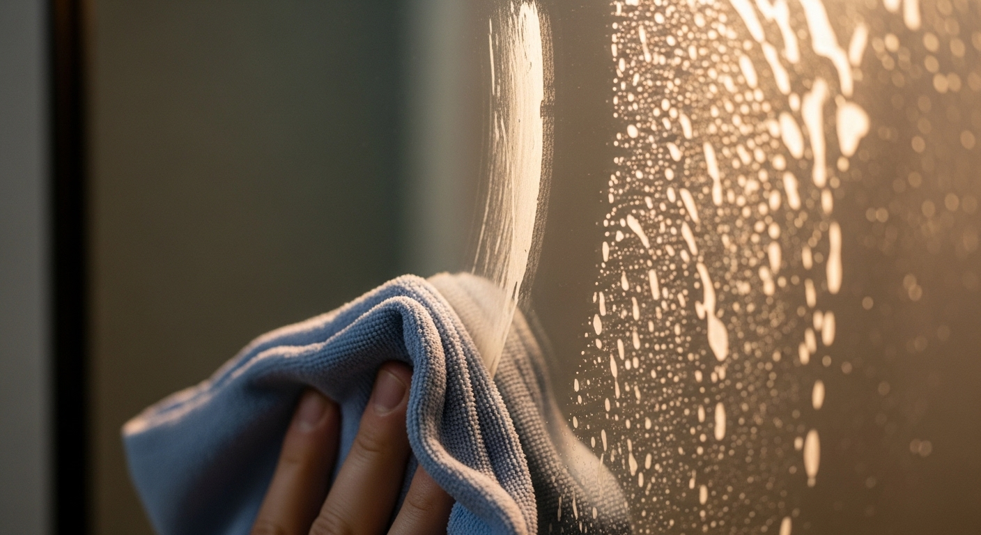 Khăn microfiber ẩm nhẹ nhàng lau gương phòng tắm, để lộ một vùng sáng bóng không vệt ố, tương phản rõ rệt với vết mờ còn lại. Minh họa hiệu quả việc vệ sinh gương phòng tắm sáng bóng.