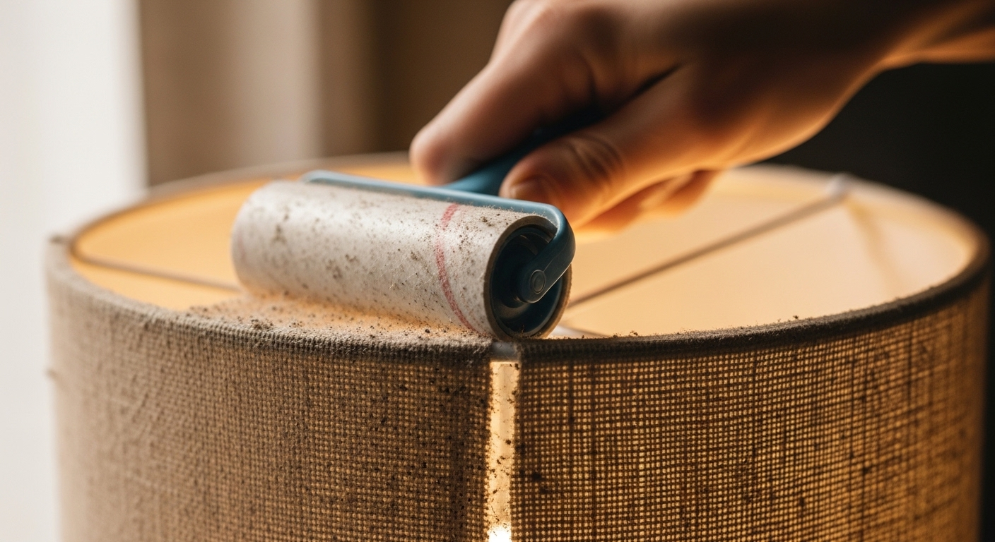 Tay dùng cây lăn bụi làm sạch bụi và sợi vải trên chụp đèn vải. Mẹo dọn nhà hiệu quả giúp vệ sinh đồ nội thất nhanh chóng.