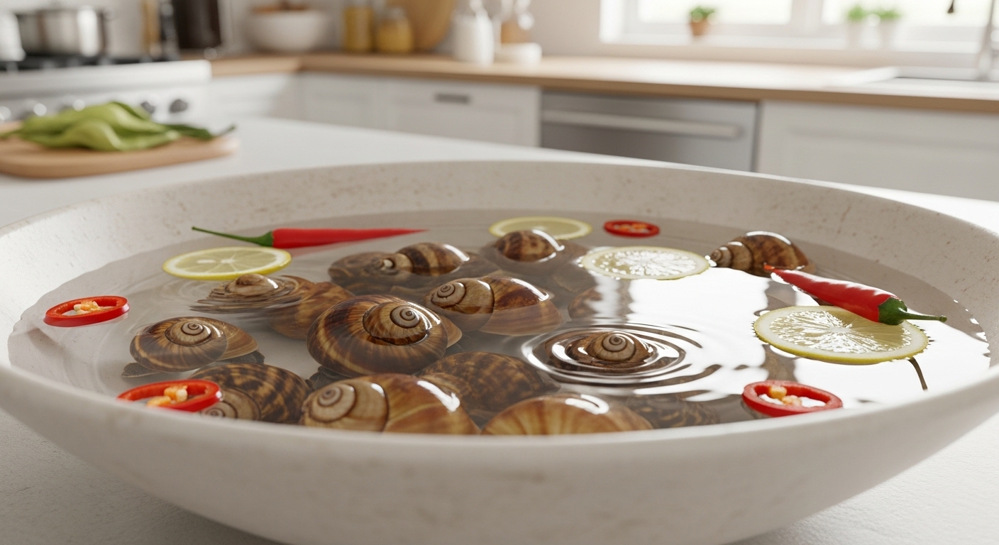 Bát sứ rộng chứa ốc nước ngọt ngâm trong nước trong, với lát ớt đỏ tươi và miếng chanh mỏng nổi trên, minh họa cách làm sạch ốc hiệu quả trong bếp sạch sẽ.