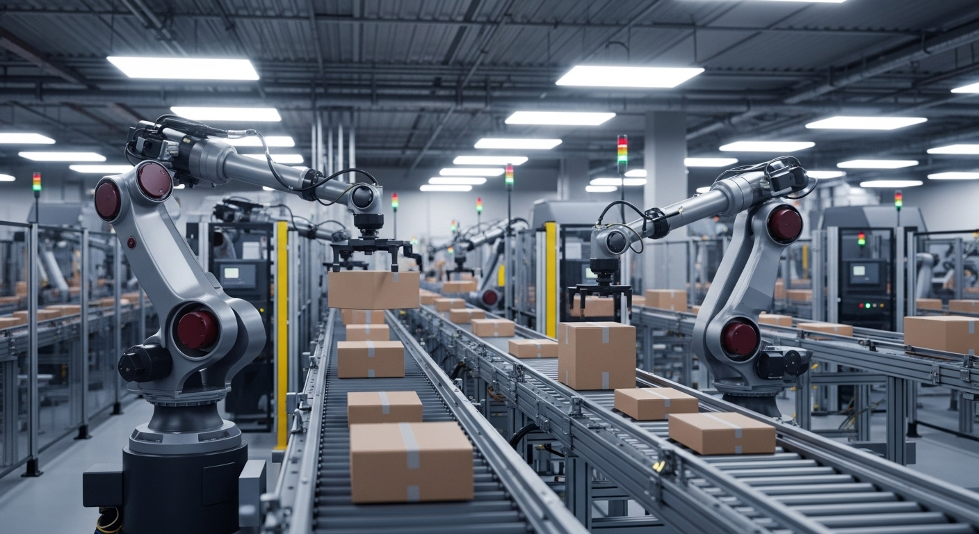 Cánh tay robot di chuyển gói hàng trên băng chuyền trong kho tự động hiện đại, đảm bảo phân phối điện thoại và hàng hóa khác hiệu quả.