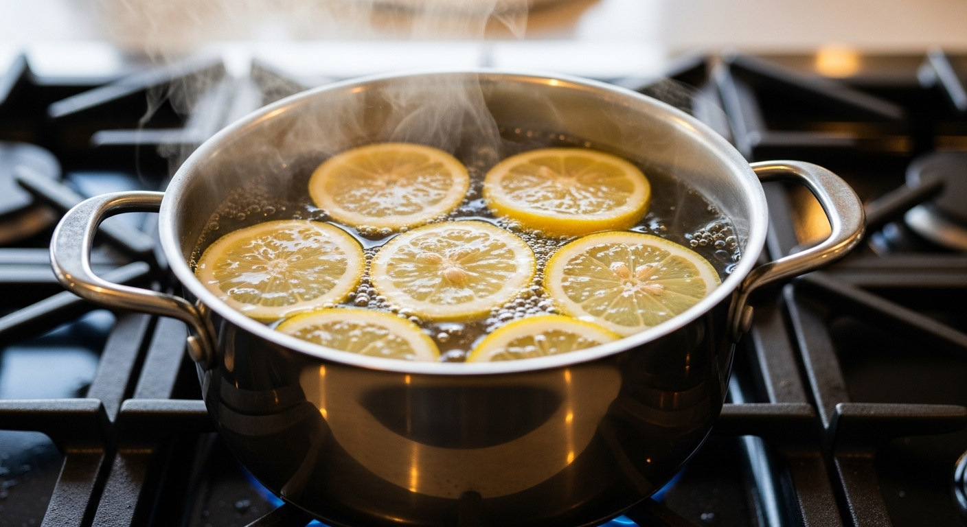 Chanh vàng cắt lát đang đun trong nồi inox sáng bóng, phương pháp tự nhiên để làm sạch nồi bị cháy hiệu quả.