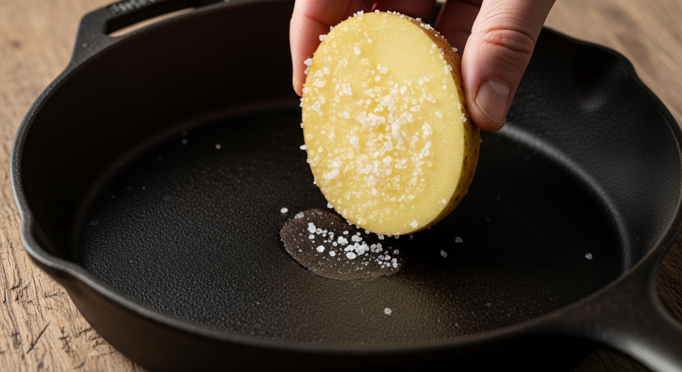 Khoai tây rắc muối đang chà nhẹ vết ố trong chảo gang, gợi ý mẹo tự nhiên cho cách làm sạch nồi chảo bị cháy.