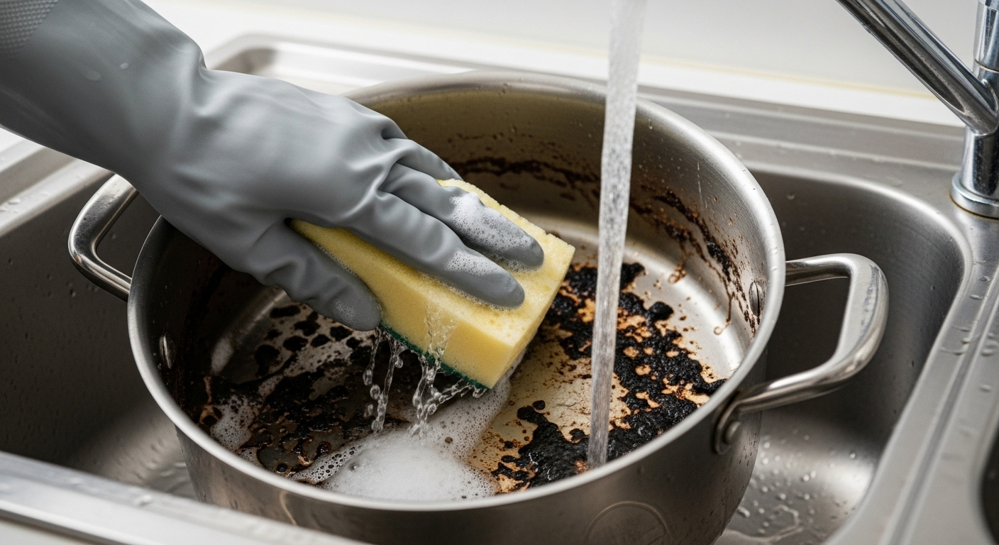 Bàn tay đeo găng cọ rửa lòng nồi kim loại bị cháy, các mảng cặn đen cứng đầu đang bong ra dễ dàng. Hình ảnh minh họa cho hiệu quả của các mẹo làm sạch nồi bị cháy bằng coca cola và nhiều phương pháp khác giúp phục hồi xoong nồi.