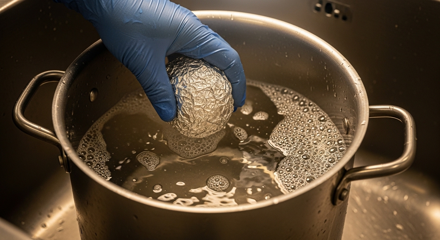 Tay mang găng dùng giấy bạc chà rửa lòng nồi inox trong bồn nước xà phòng, minh họa cách làm sạch nồi bị cháy hiệu quả.