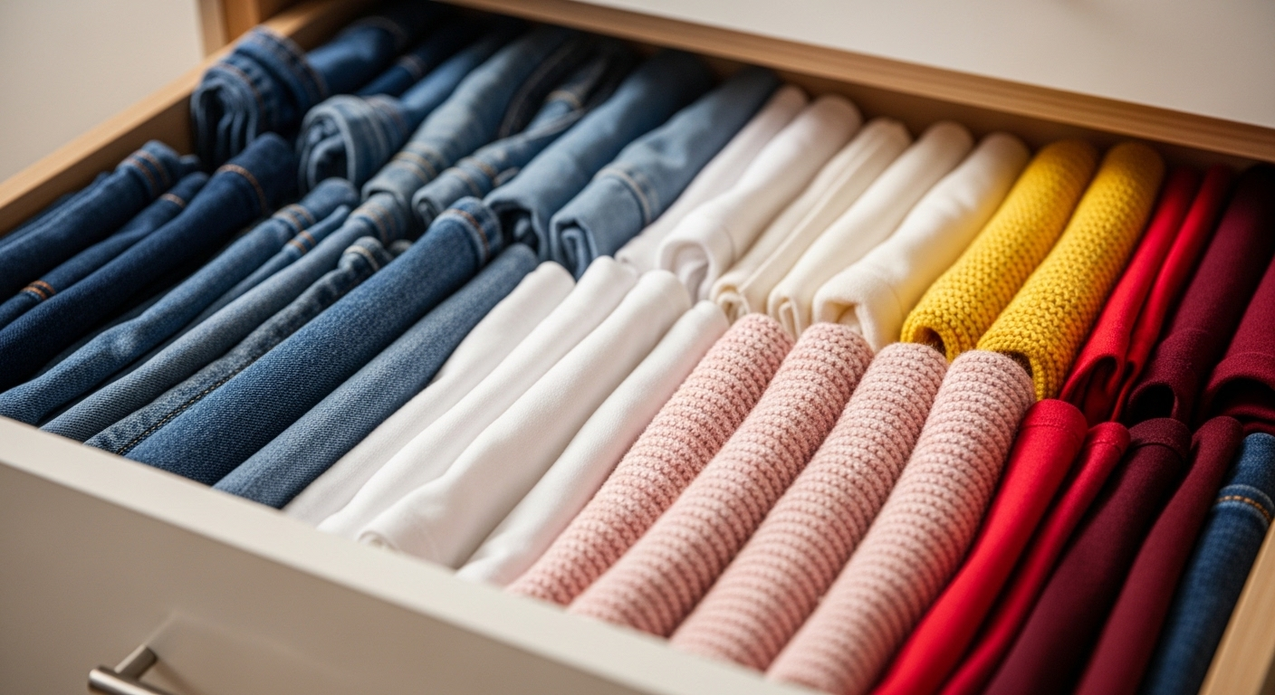 Ngăn kéo tủ quần áo gỗ mở, quần áo gấp gọn gàng theo chiều dọc, sắp xếp khoa học theo màu sắc. Cách tổ chức này giúp tiết kiệm thời gian làm việc nhà đáng kể khi tìm đồ và duy trì sự ngăn nắp.