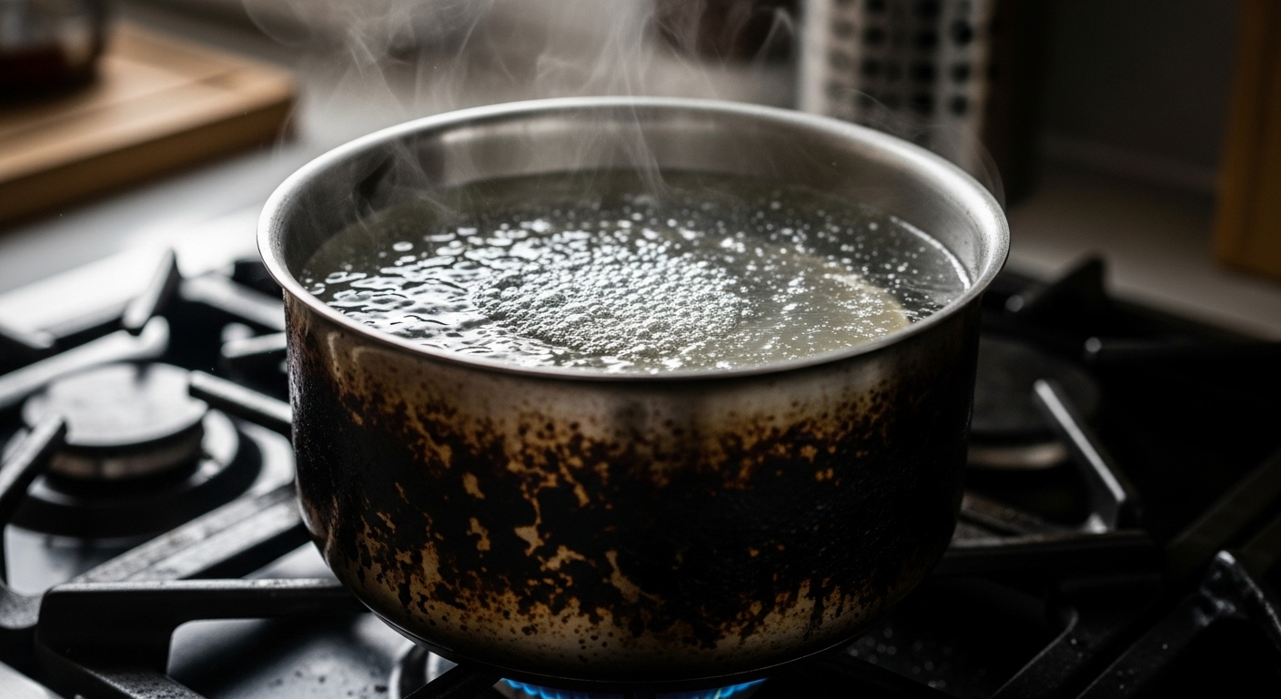 Giấm trắng đang sôi nhẹ trong nồi inox bị cháy trên bếp, minh họa cách làm sạch nồi bị cháy bằng giấm.