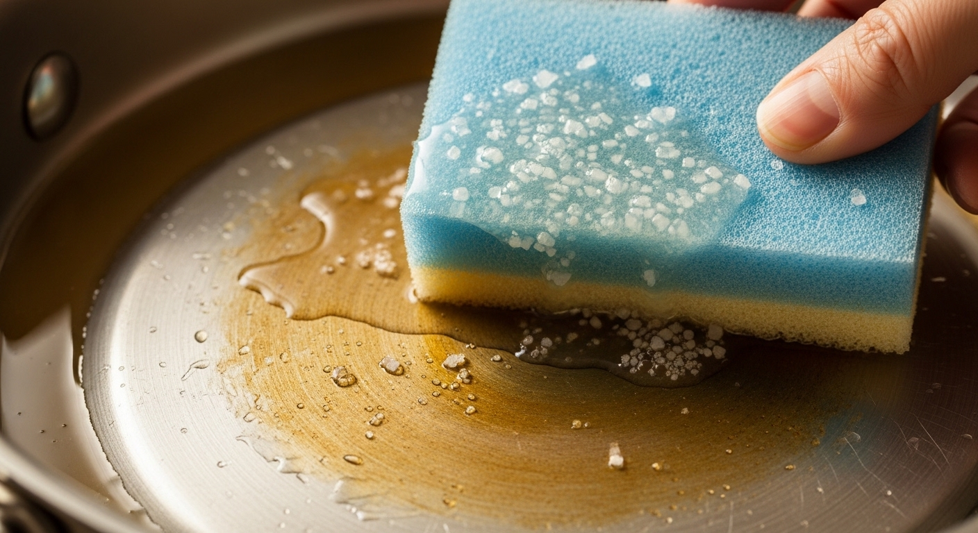 Miếng chà thấm giấm và muối làm sạch vết ố vàng ở đáy xoong nồi kim loại. Minh họa cách vệ sinh đáy xoong nồi.