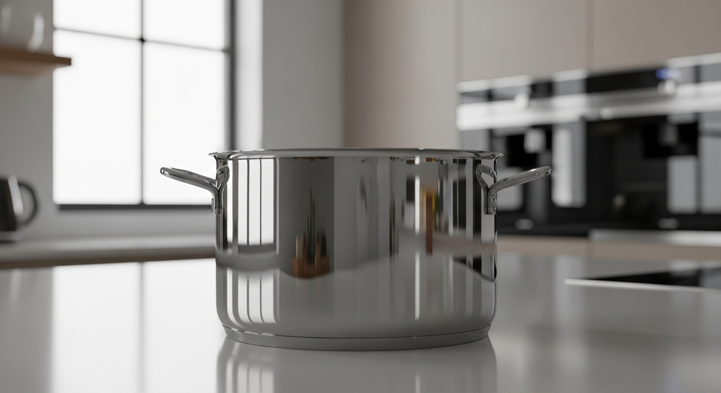 Nồi inox sáng bóng, sạch tinh tươm trên quầy bếp hiện đại. Một hình ảnh hoàn hảo minh chứng cho hiệu quả của việc biết cách làm sạch đáy nồi inox bị cháy đen.