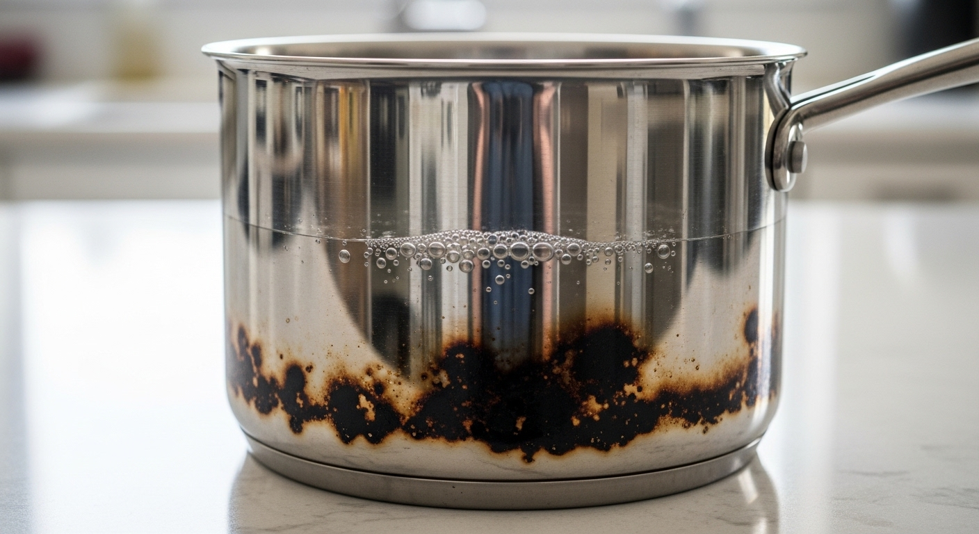 Nồi inox bị cháy ở đáy đang ngâm trong dung dịch dấm và nước trên mặt bếp, minh họa cách làm sạch nồi chảo bị cháy hiệu quả với bọt khí li ti.