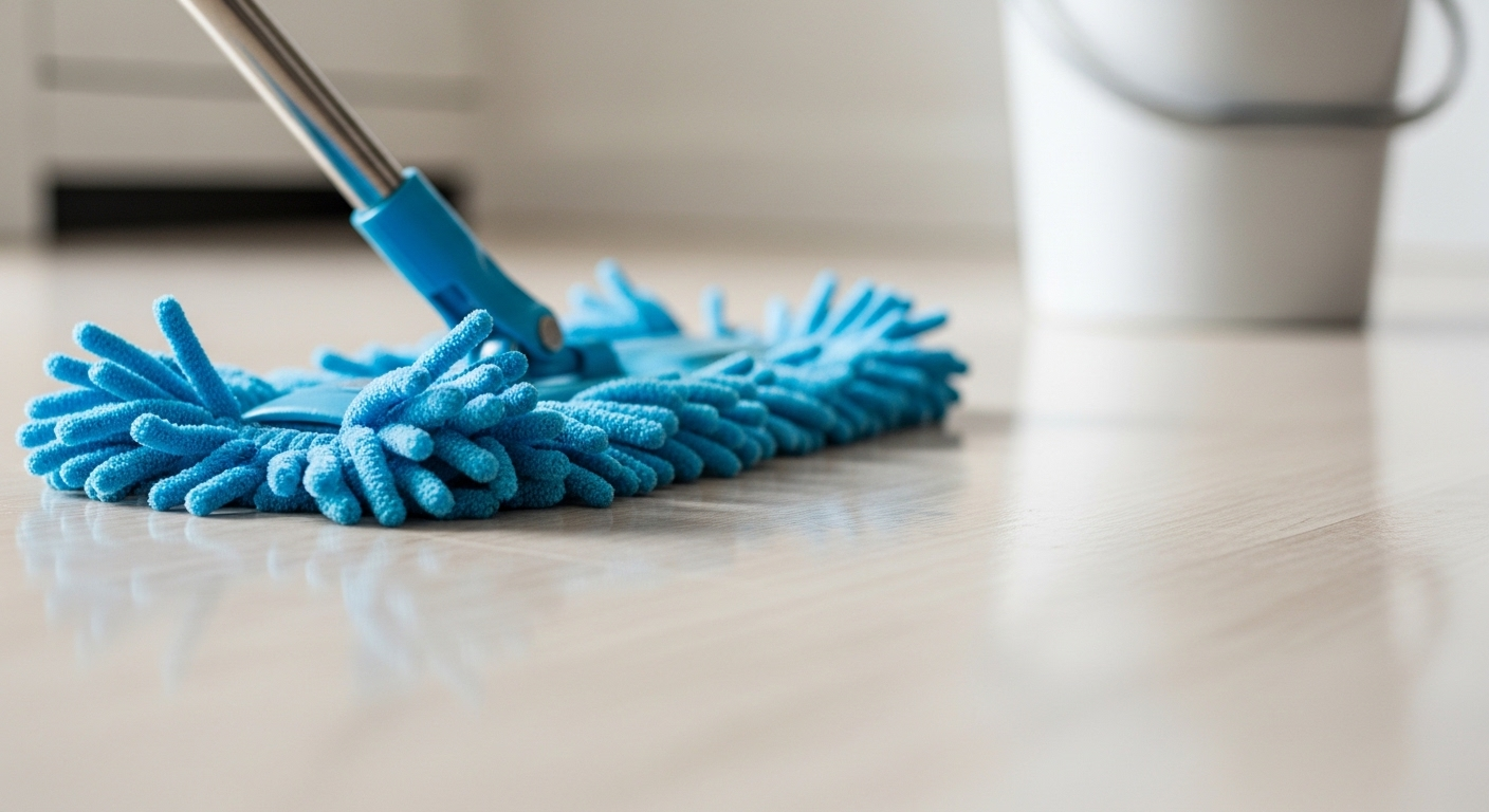 Cây lau nhà microfiber màu xanh đang làm sạch sàn linoleum sáng màu một cách hiệu quả, để lại vệt ẩm tinh tế, minh họa cách lau nhà nhanh và sạch.