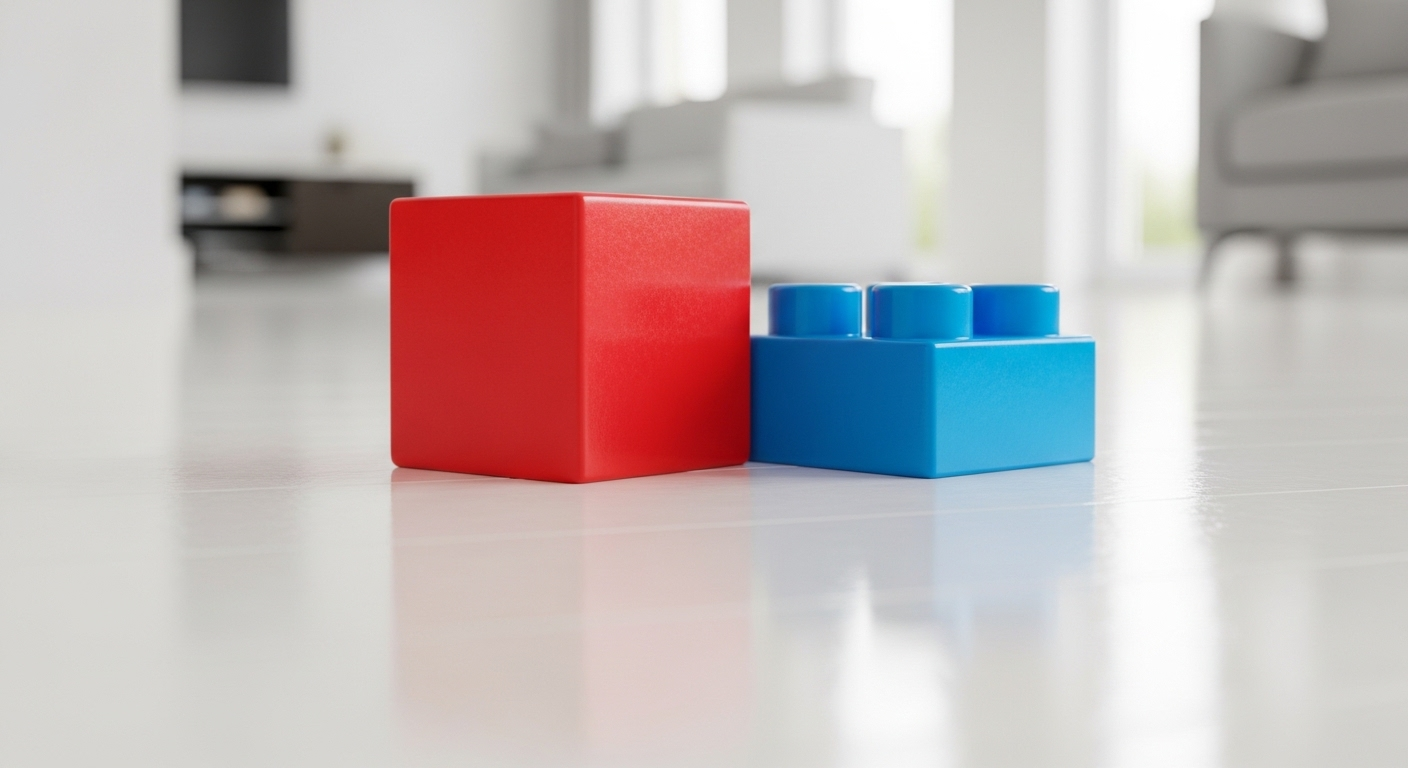 Sàn nhựa vinyl sáng bóng, sạch sẽ phản chiếu ánh sáng, với những khối xếp hình nhiều màu đặt gọn gàng, minh họa hiệu quả của cách lau nhà sạch bóng tạo không gian chơi an toàn cho bé trong phòng khách hiện đại.