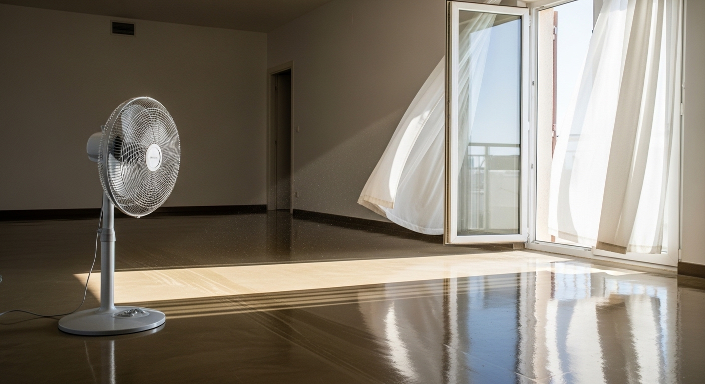 Sàn nhà cứng sáng bóng, hơi ẩm trong phòng rộng rãi đang khô nhanh nhờ quạt và ánh sáng tự nhiên, minh họa kết quả quy trình lau sàn nhà hiệu quả.