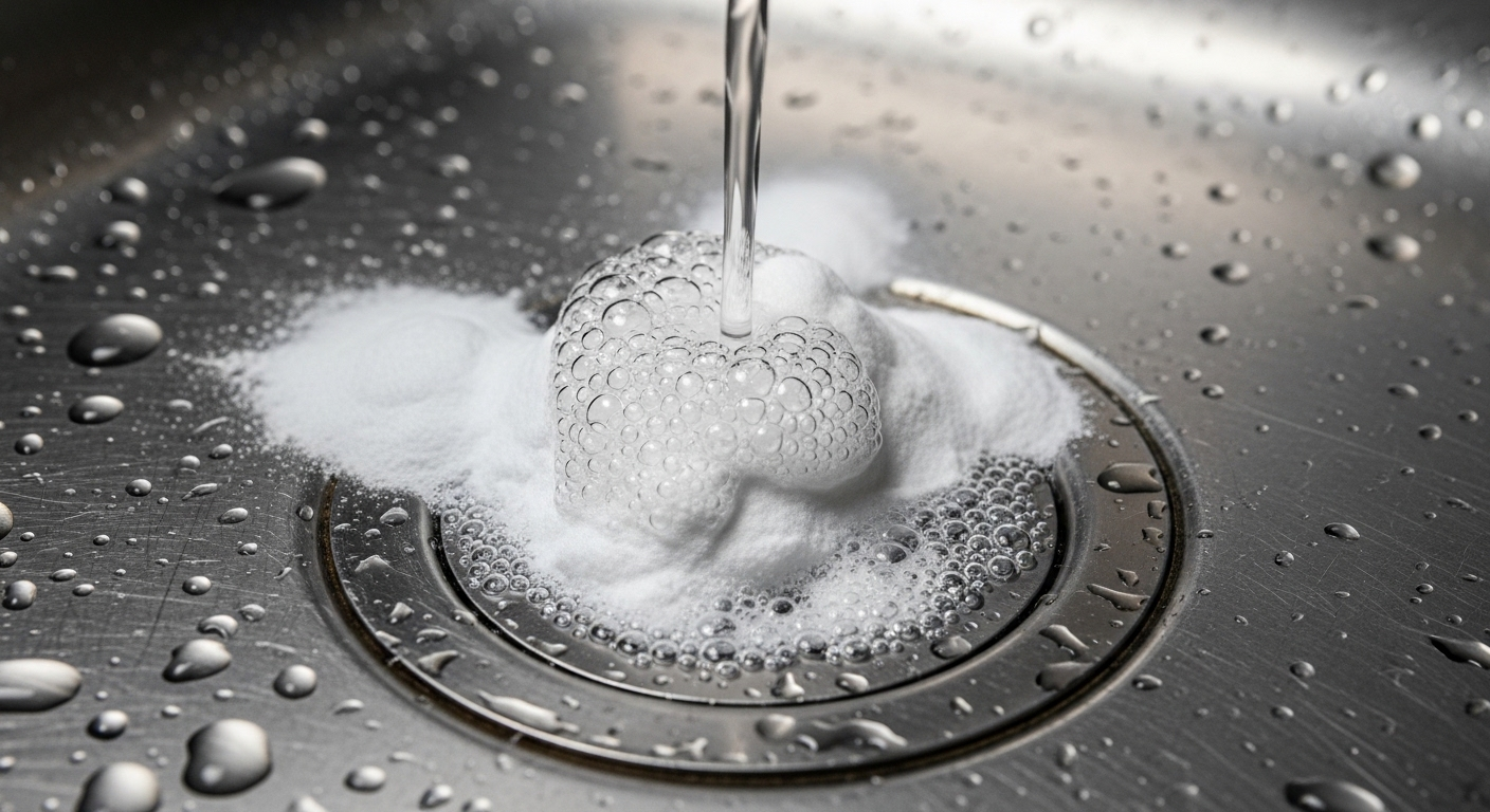 Baking soda và giấm đang phản ứng trong lỗ thoát nước bồn rửa chén, tạo bọt để làm sạch hiệu quả.