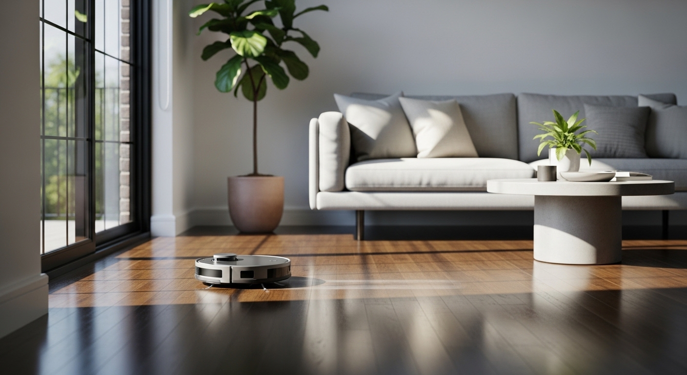 Robot hút bụi tự động làm sạch sàn gỗ bóng loáng trong phòng khách tràn ngập ánh sáng, minh họa cách lau nhà sạch hiệu quả và hiện đại.
