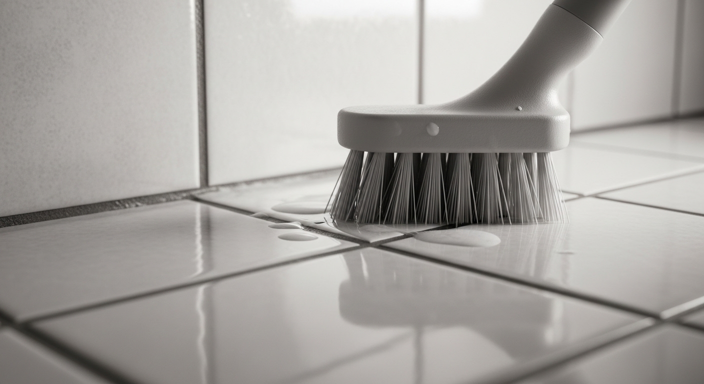 Bàn chải lông cứng đang chà sạch đường ron kẽ gạch nền phòng tắm, minh họa cách lau nhà sạch và giữ sàn luôn sáng bóng.