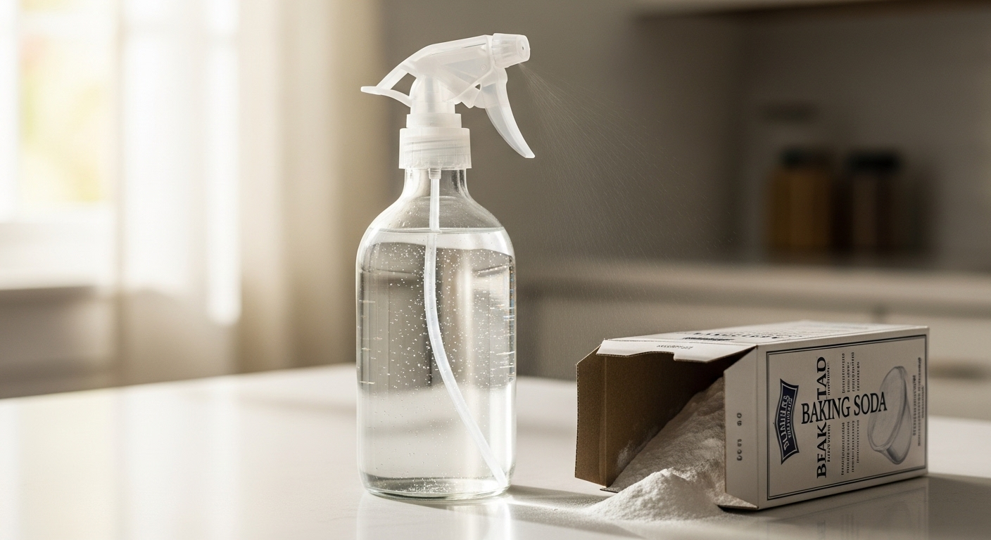 Chai xịt đựng giấm pha loãng và baking soda trên mặt bàn bếp sạch, minh họa cách lau nhà sạch không bị rít hiệu quả và tự nhiên.