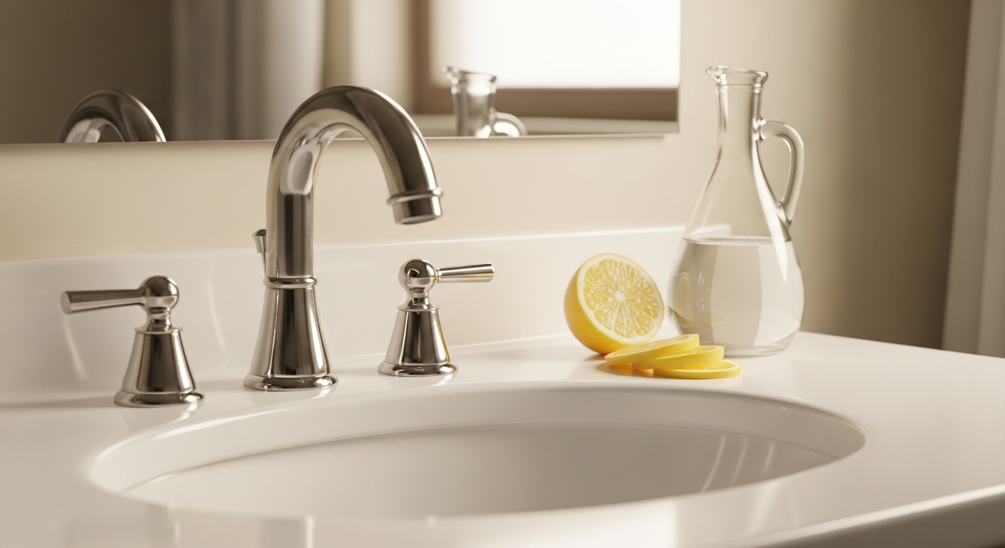 Chậu rửa mặt sạch bóng, vòi nước sáng loáng cùng chanh cắt lát và giấm trắng, minh họa cách vệ sinh nhà cửa sạch sẽ và đúng cách hiệu quả bằng nguyên liệu tự nhiên.