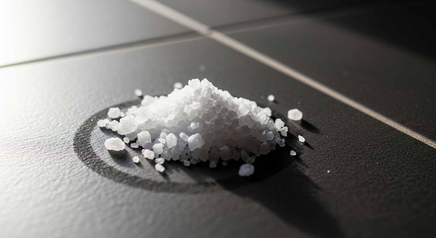 Cận cảnh hạt muối trắng trên nền gạch bếp tối với vết bẩn, minh họa cách làm nước lau sàn tự nhiên và hiệu quả.