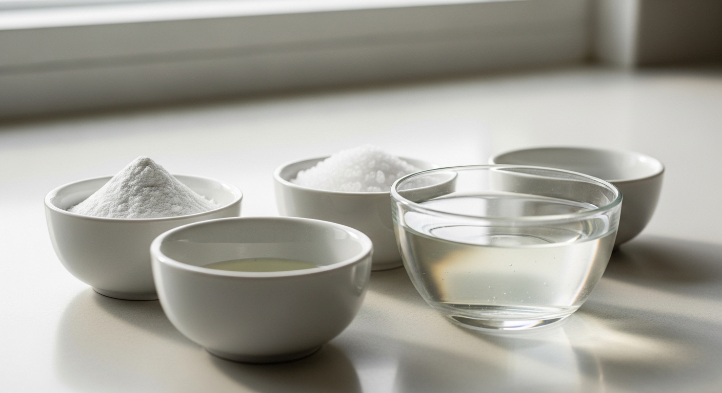 Các bát nhỏ chứa baking soda, muối và nước rửa chén trên quầy bếp, minh họa nguyên liệu tự nhiên cho cách làm sạch cây lau nhà và các vật dụng khác.