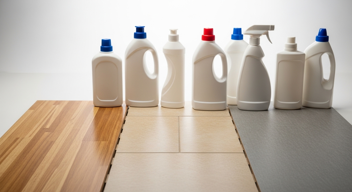 Các loại nước lau sàn chuyên dụng bên cạnh mẫu sàn gỗ, gạch men và vinyl, minh họa cách lau nhà sạch hiệu quả cho từng bề mặt.