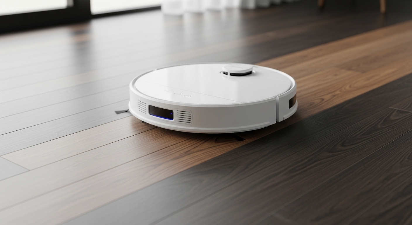 Rô-bốt hút bụi tự động màu trắng di chuyển êm ái trên sàn gỗ tối màu, minh họa cách lau nhà sạch hiệu quả, để lại vệt sáng bóng rõ rệt.