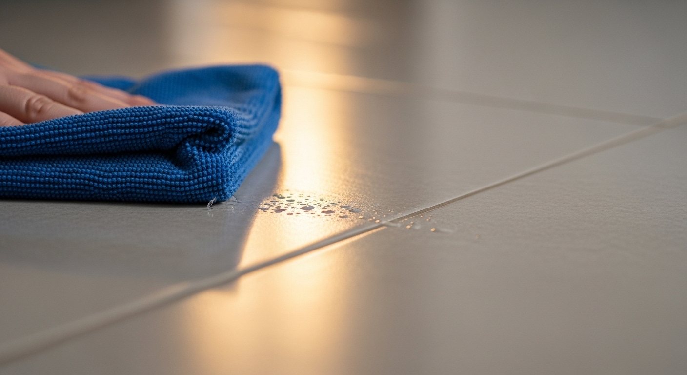 Khăn microfiber đang lau khô sàn gạch men sạch bóng, minh họa cách lau nhà sạch không bị rít hiệu quả.
