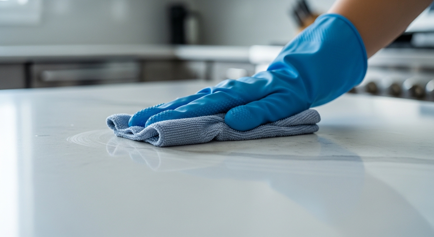 Bàn tay đeo găng xanh lau nhẹ mặt bàn bếp sáng bóng bằng khăn microfiber, minh họa mẹo làm sạch nhà bếp hiệu quả giữ không gian luôn vệ sinh và gọn gàng.