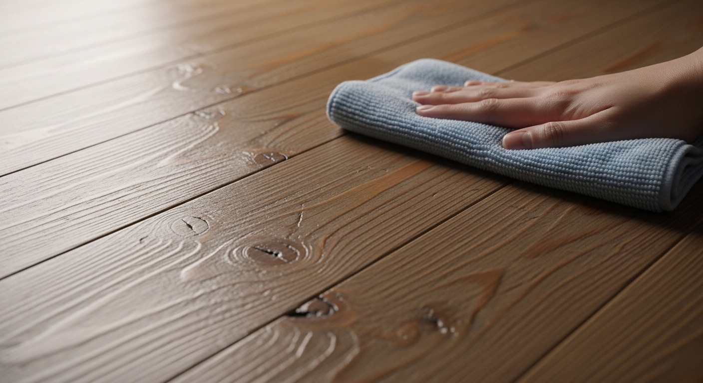 Cận cảnh khăn mềm ẩm đang lau sàn gỗ vân, cho thấy cách lau nhà sạch bóng với bề mặt sáng bóng tinh tế.