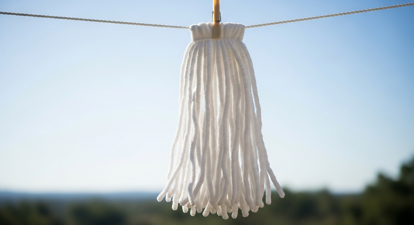 Đầu cây lau nhà microfiber trắng tinh khôi, sạch sẽ phơi khô dưới ánh nắng mặt trời. Đây là minh chứng cho cách làm sạch cây lau nhà hiệu quả để giữ cho chúng luôn mới và bền đẹp.