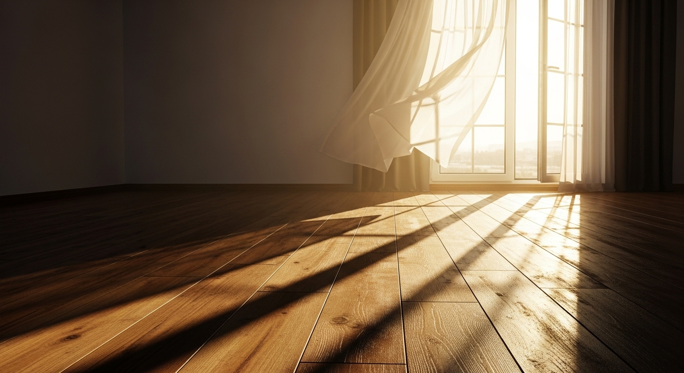 Sàn gỗ sạch bóng tinh tươm, khô thoáng dưới ánh nắng mặt trời và gió tự nhiên trong phòng sáng. Minh họa cách lau nhà sạch bóng hiệu quả.