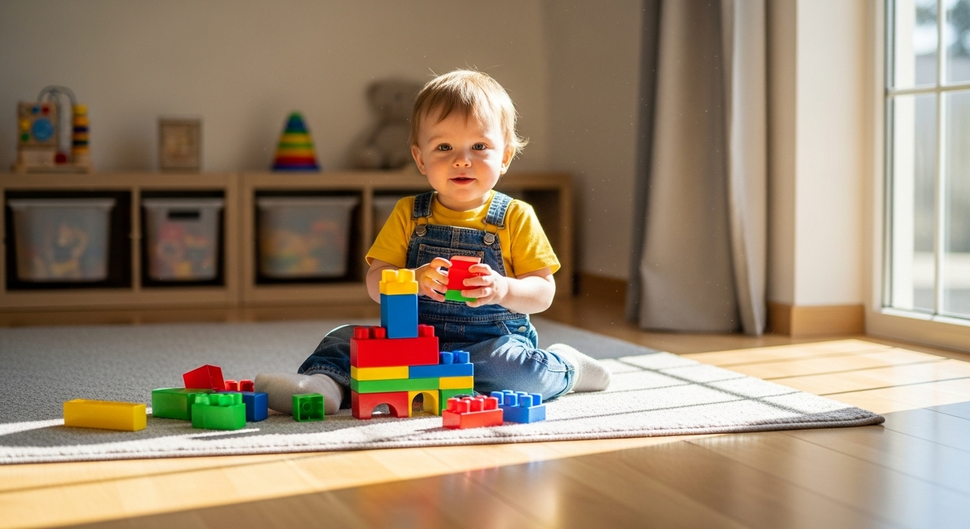 Em bé hạnh phúc chơi trên thảm sạch trong khu vực đầy nắng, sàn nhà xung quanh sạch bóng tạo không gian an toàn. Điều này cho thấy tầm quan trọng của cách lau nhà hiệu quả.