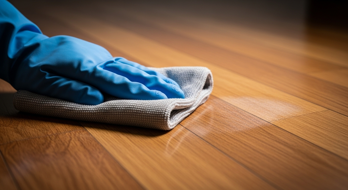 Tay đeo găng cao su dùng khăn microfiber ẩm nhẹ lau bóng sàn gỗ, hướng dẫn cách làm sạch sàn nhà hiệu quả và giữ độ bền.