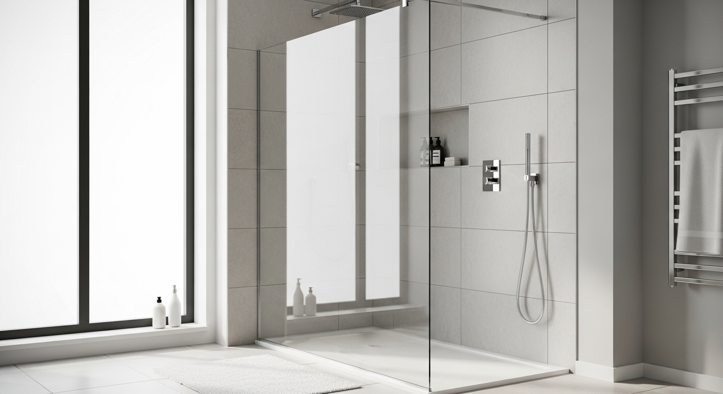 Kính buồng tắm hiện đại trong suốt, sạch bóng không vết ố nhờ cách làm sạch kính nhà tắm hiệu quả, phản chiếu ánh sáng tự nhiên và nội thất sang trọng.