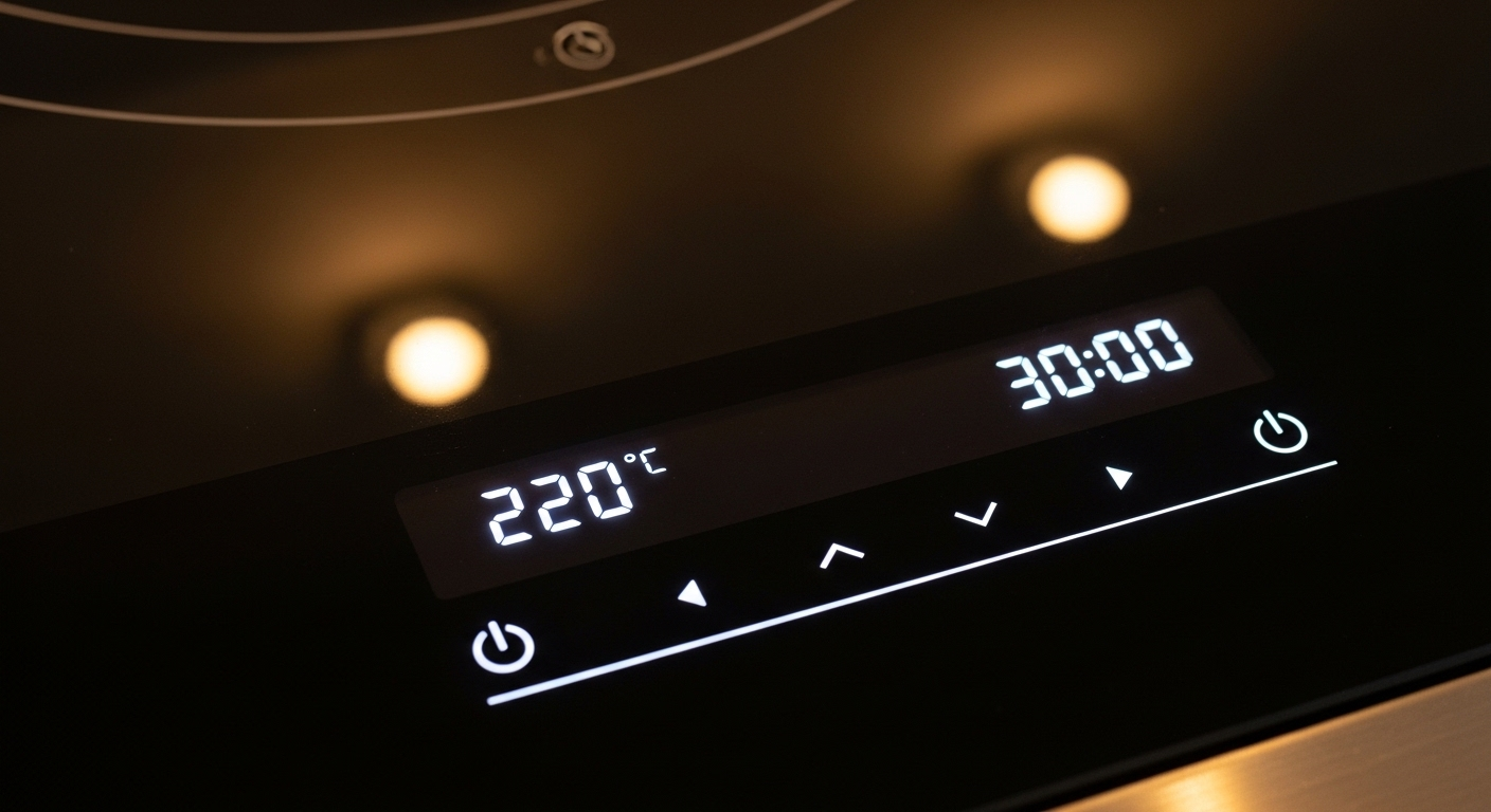 Bảng điều khiển cảm ứng bếp hồng ngoại hiện đại, màn hình số hiển thị nhiệt độ và hẹn giờ. Mặt kính đen bóng sang trọng phản chiếu ánh sáng, là tính năng cao cấp ảnh hưởng đến giá bếp hồng ngoại.