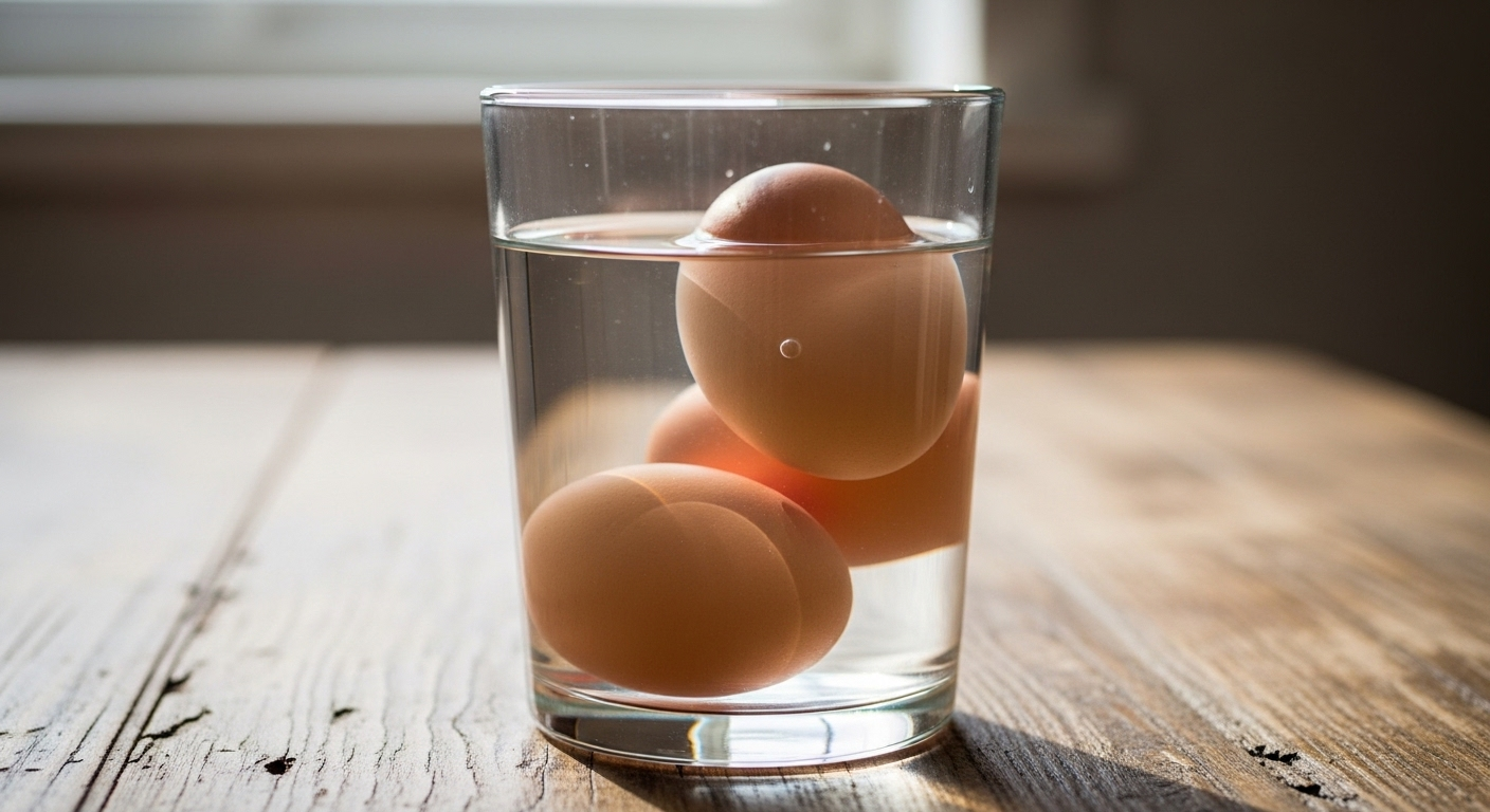 Ba quả trứng gà trong ly nước với các mức độ nổi khác nhau trên bàn bếp gỗ, minh họa mẹo vặt nhà bếp kiểm tra độ tươi của trứng.