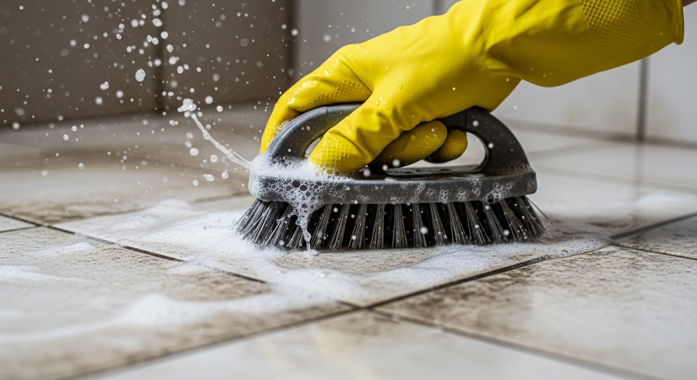 Bàn tay đeo găng vàng dùng bàn chải cọ rửa mạnh mẽ nền nhà tắm bám bẩn, minh họa cách làm sạch nền nhà tắm hiệu quả.