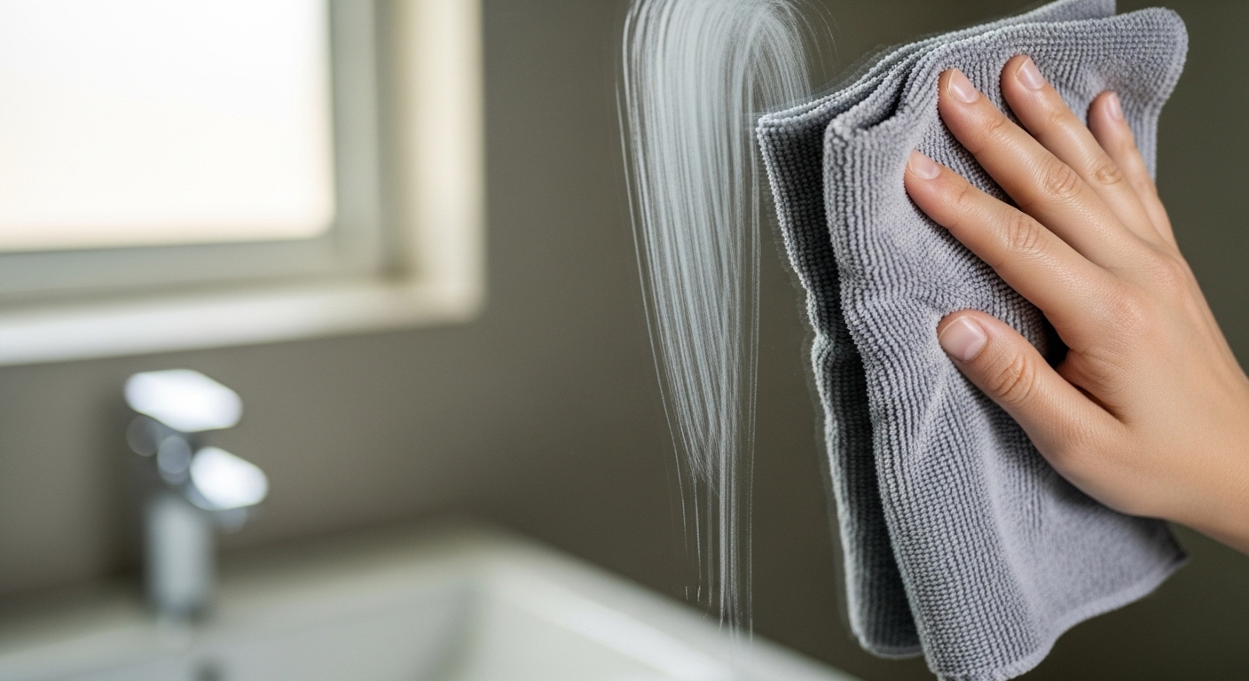 Một chiếc khăn microfiber mềm mại đang nhẹ nhàng lau sạch những vệt ố mờ, minh họa cách làm sạch gương nhà tắm hiệu quả, giúp bề mặt gương sáng rõ và không tì vết.