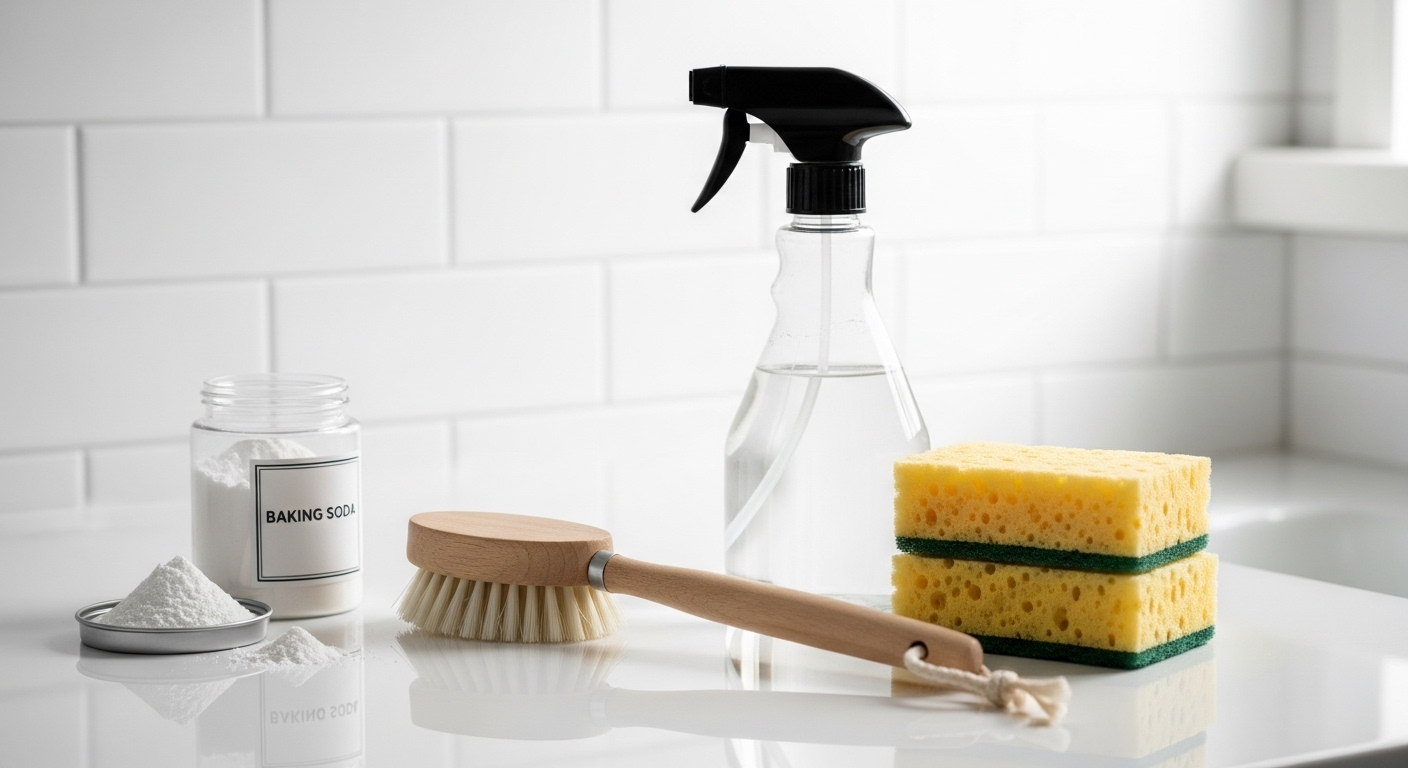 Dụng cụ vệ sinh và bột baking soda trên bàn phòng tắm trắng, gợi ý cách tẩy trắng bồn rửa mặt sáng bóng.