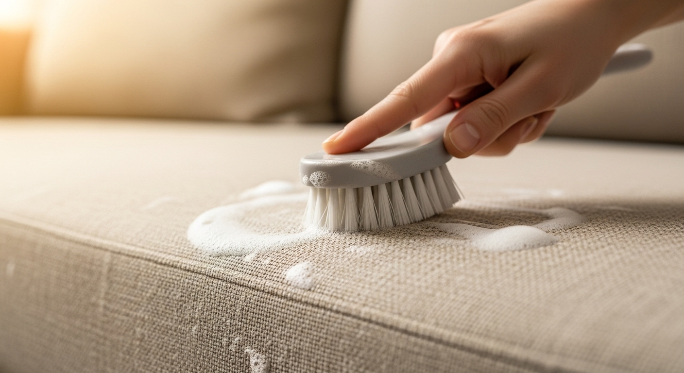 Cận cảnh bàn tay dùng bàn chải lông mềm và bọt xà phòng làm sạch ghế sofa vải màu be, minh họa một bước trong cách xử lý sofa bị mốc hiệu quả.