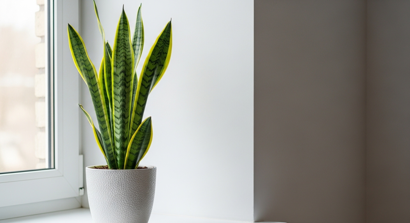 Cây lưỡi hổ xanh vàng đặt trên bậu cửa sổ cạnh tường mới sơn trắng, là gợi ý tự nhiên cho cách khử mùi sơn nhà mới hiệu quả.