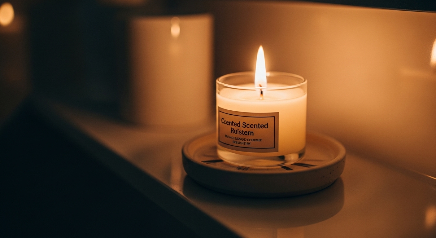 Nến thơm trắng với ngọn lửa nhẹ nhàng trên kệ nhà vệ sinh, là một cách khử mùi nhà vệ sinh hiệu quả và tạo không gian thư thái, sạch sẽ.