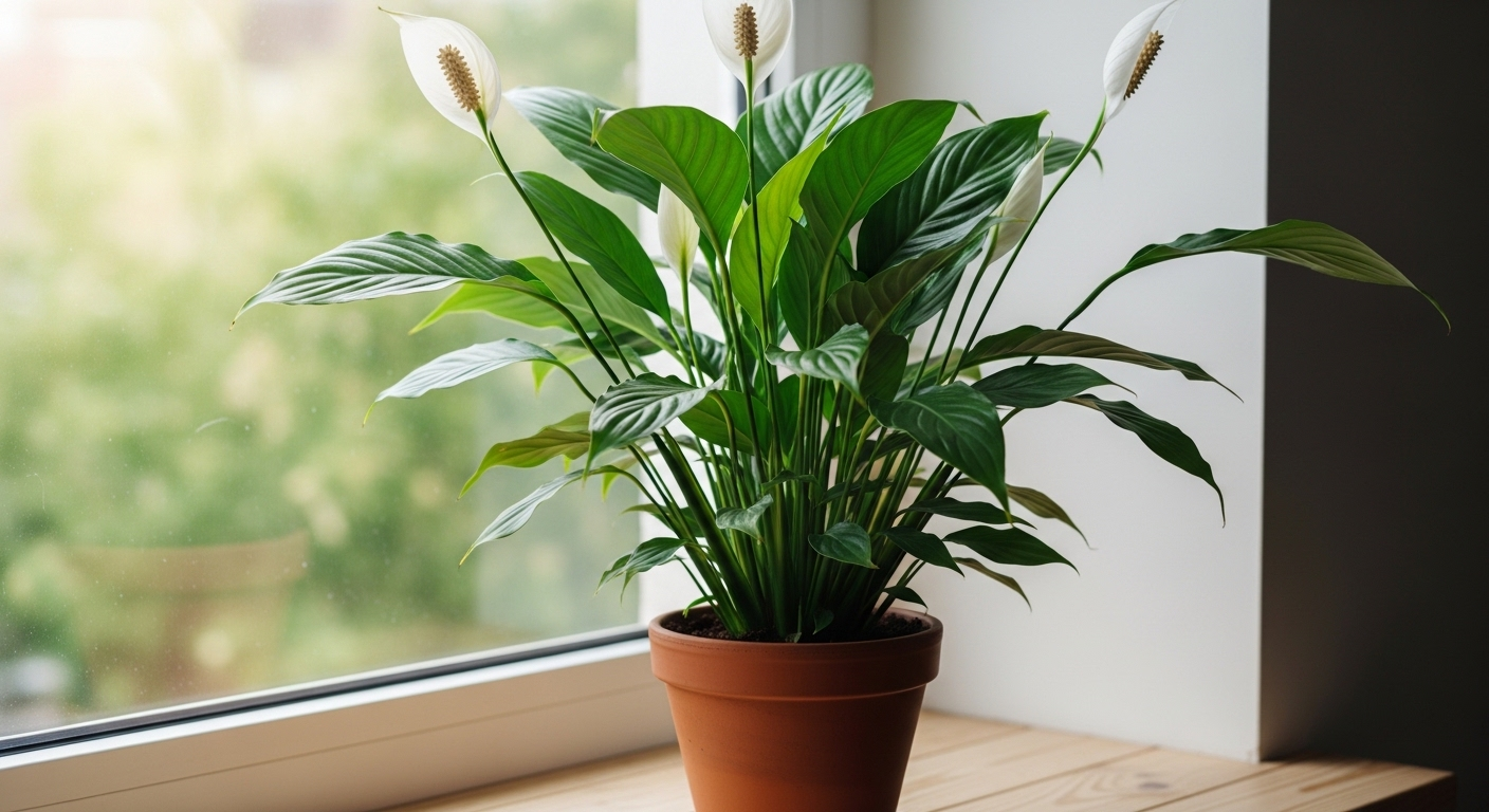 Cây Lan Ý xanh tốt với hoa trắng tinh khôi trong chậu đất nung trên bệ cửa sổ, giúp thanh lọc không khí và là cách khử mùi hôi trong nhà hiệu quả. Cây Lan Ý xanh tốt với hoa trắng tinh khôi trong chậu đất nung trên bệ cửa sổ, giúp thanh lọc không khí và là cách khử mùi hôi trong nhà hiệu quả.