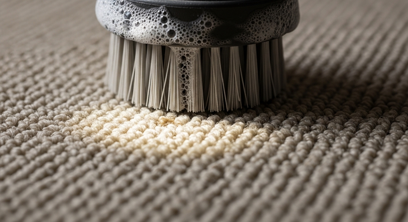 Bàn chải chuyên dụng làm sạch vết bẩn trên thảm màu sáng với bọt dung dịch, minh họa dịch vụ giặt thảm tại nhà chuyên nghiệp.