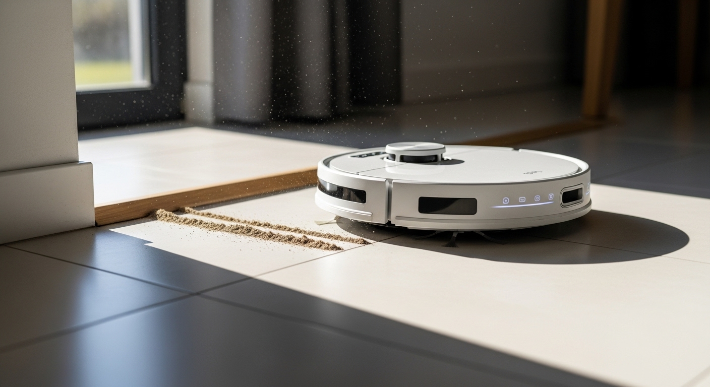 Robot hút bụi hiện đại tự động làm sạch sàn gạch men màu sáng dưới ánh nắng, minh họa cách lau nhà sạch bóng hiệu quả. Bụi bẩn được gom gọn gàng gần chân tường. Robot hút bụi hiện đại tự động làm sạch sàn gạch men màu sáng dưới ánh nắng, minh họa cách lau nhà sạch bóng hiệu quả. Bụi bẩn được gom gọn gàng gần chân tường.
