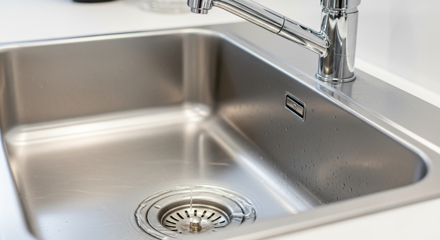 Chậu rửa bếp inox sáng bóng, không tì vết với vòi chrome hiện đại, minh chứng cho việc vệ sinh nhà bếp kỹ lưỡng.